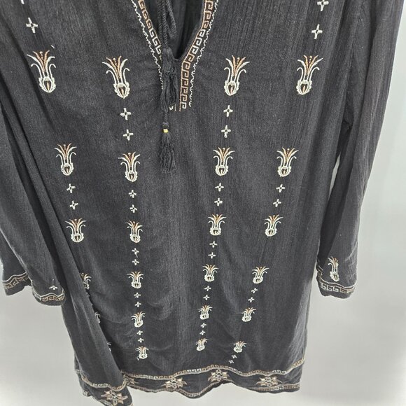Caslon Black Embroidered Boho Peasant Tassels Tunic Midi Dress Large - Picture 6 of 13